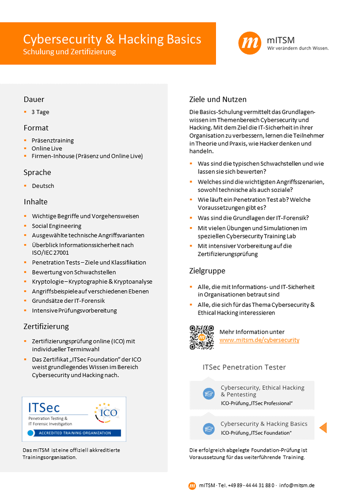 mITSM Cybersecurity, Ethical Hacking und Pentesting Schulung und Zertifizierung