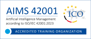 ICO-Akkreditierungslogo für KI-Managementsysteme nach ISO 42001 - Link zu den Schulungen