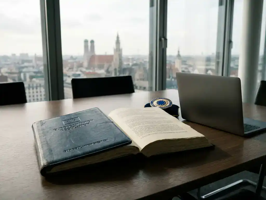 Büro mit ITSM-Strategie, Buch, Laptop und Stadtblick durch Fenster.