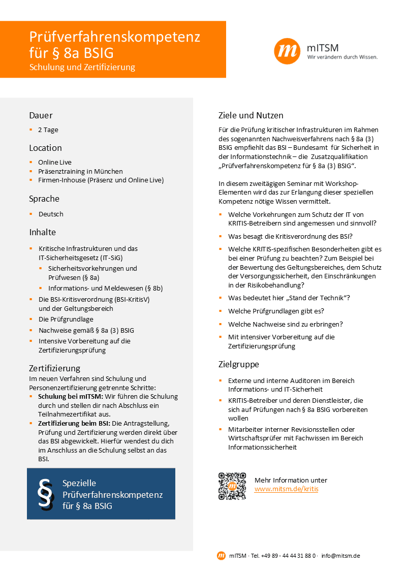 mITSM - KRITIS Prüfverfahrenskompetenz - Schulung & Zertifizierung